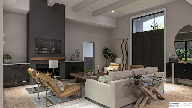 living room featuring a large fireplace, a high ceiling, light wood-type flooring, and beamed ceiling