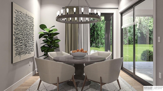 dining space featuring a notable chandelier and light hardwood / wood-style flooring