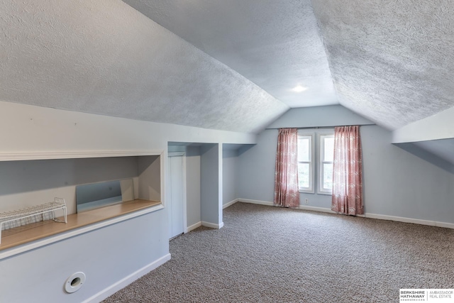 additional living space with vaulted ceiling, carpet, and a textured ceiling