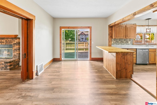 kitchen featuring dishwasher, light hardwood / wood-style flooring, hanging light fixtures, and a wealth of natural light