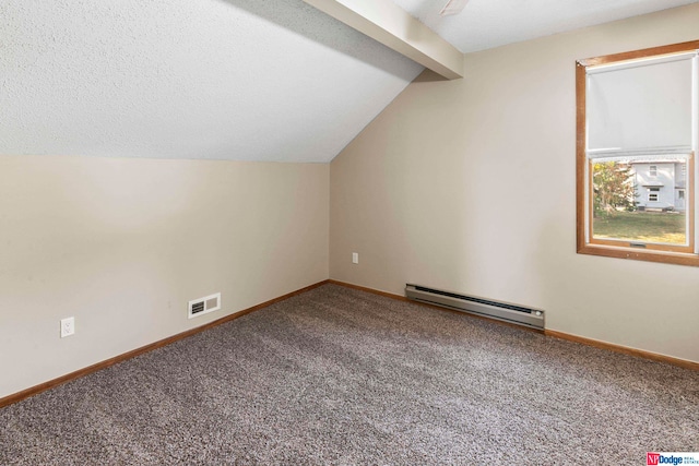 bonus room with lofted ceiling with beams, a baseboard radiator, carpet, and a textured ceiling