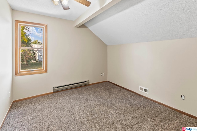 additional living space with carpet, lofted ceiling with beams, ceiling fan, baseboard heating, and a textured ceiling