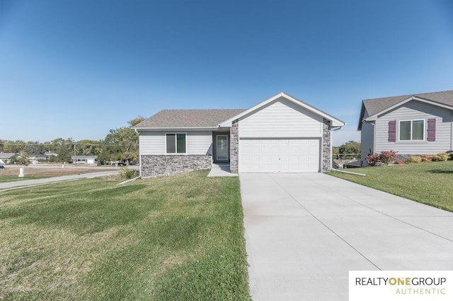 ranch-style home with a garage and a front yard