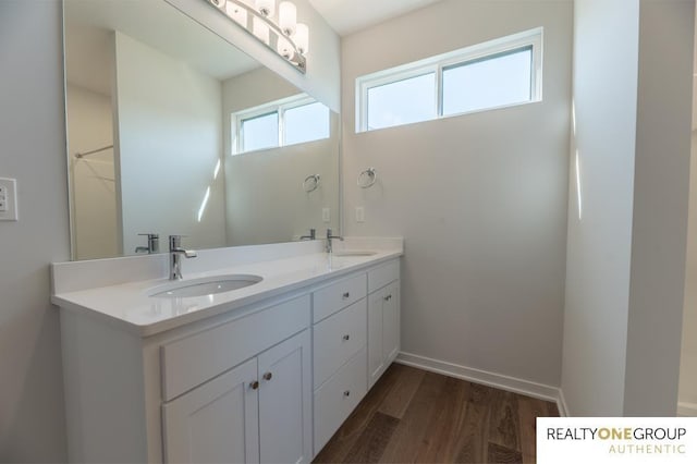 bathroom featuring double vanity, wood finished floors, baseboards, and a sink