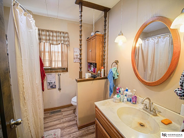 bathroom featuring toilet, vanity, and hardwood / wood-style flooring