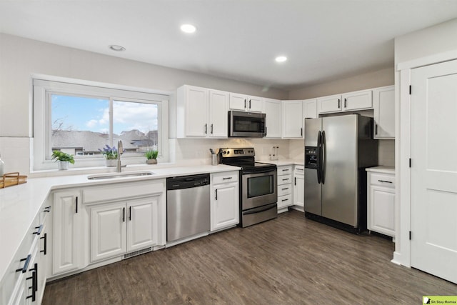 kitchen featuring white cabinetry, stainless steel appliances, dark hardwood / wood-style floors, and tasteful backsplash