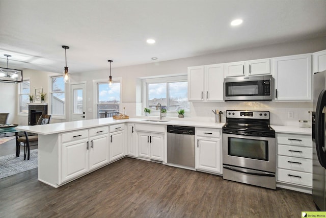 kitchen with white cabinetry, stainless steel appliances, sink, and dark hardwood / wood-style floors