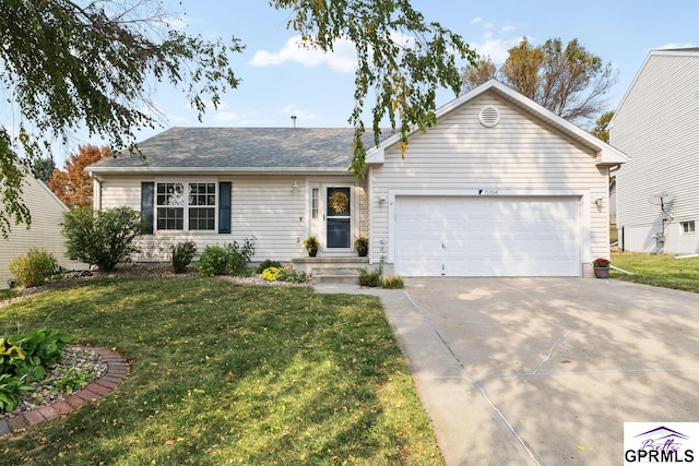 ranch-style home featuring a garage and a front lawn