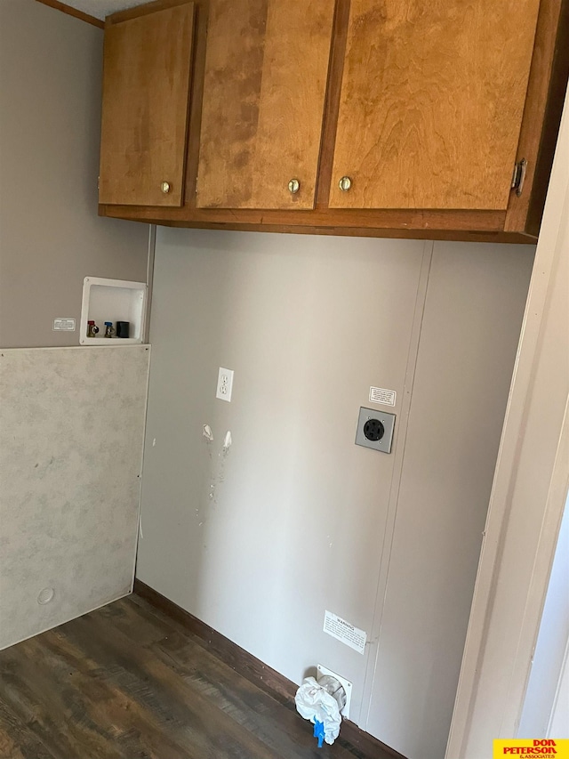 laundry area featuring cabinets, hookup for a washing machine, dark hardwood / wood-style flooring, and electric dryer hookup