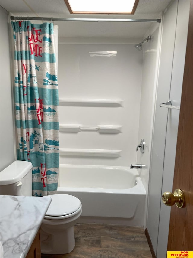 full bathroom featuring shower / bath combination with curtain, vanity, toilet, and wood-type flooring