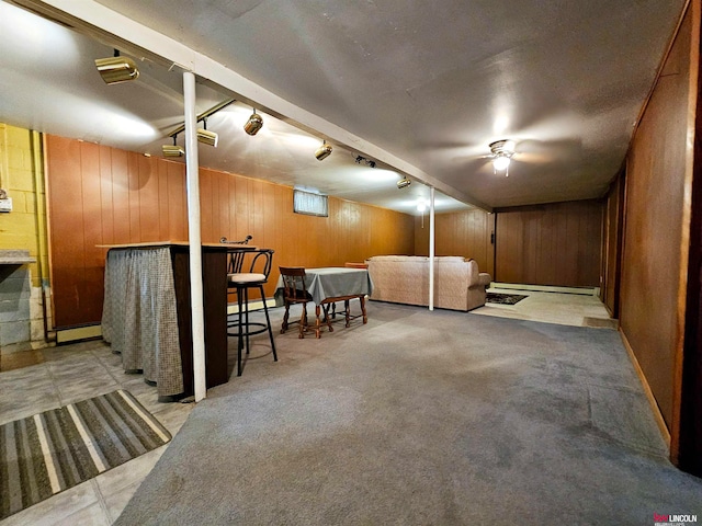 basement with light carpet, wooden walls, and rail lighting