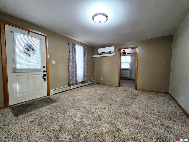 foyer with carpet, an AC wall unit, a baseboard heating unit, and ceiling fan