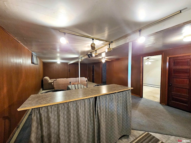 kitchen featuring light colored carpet, wood walls, and rail lighting