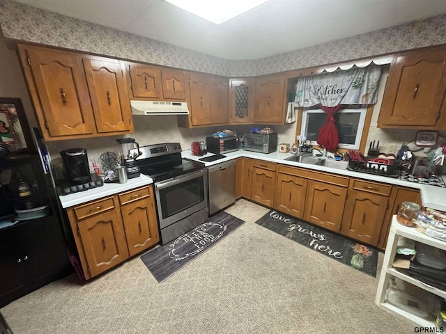 kitchen with light carpet, appliances with stainless steel finishes, and sink