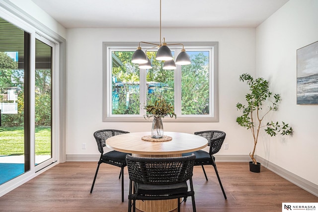 dining room with a notable chandelier and hardwood / wood-style floors