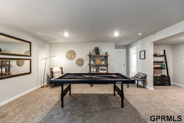 rec room with billiards and carpet