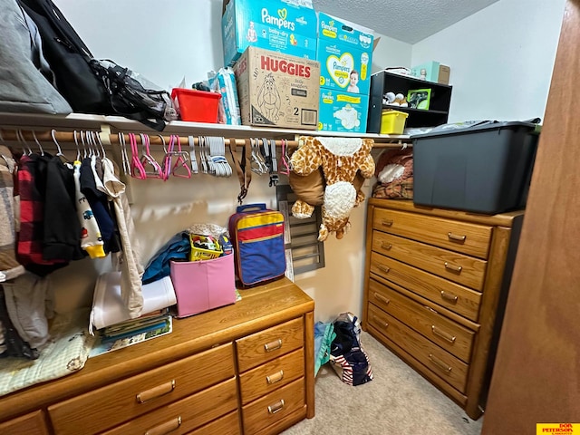 walk in closet featuring light carpet