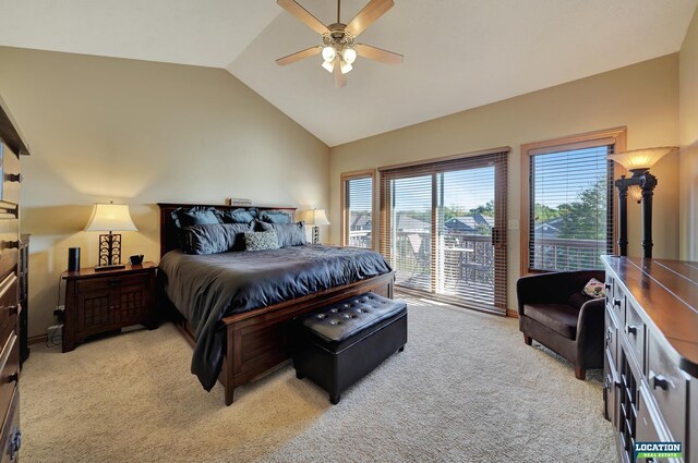 carpeted bedroom featuring vaulted ceiling, access to exterior, and ceiling fan