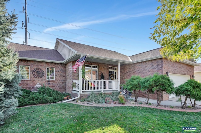 ranch-style home featuring a porch, a front yard, and a garage