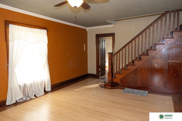 entryway with ceiling fan, wood-type flooring, ornamental molding, and plenty of natural light