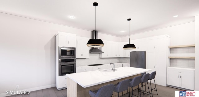 kitchen featuring tasteful backsplash, an island with sink, black appliances, dark wood-type flooring, and sink