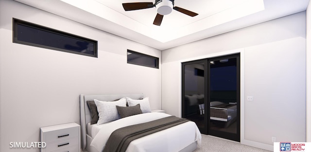 bedroom featuring light colored carpet and ceiling fan