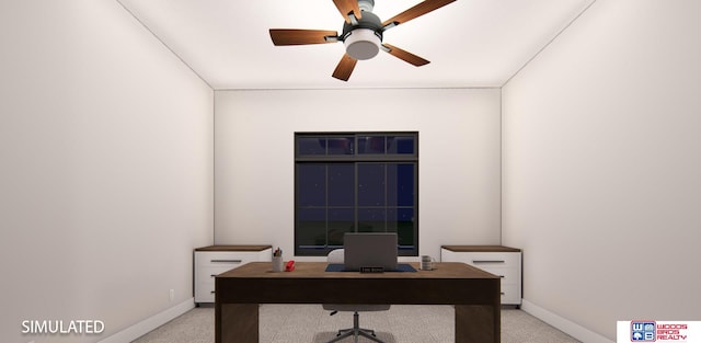 home office with light colored carpet and ceiling fan