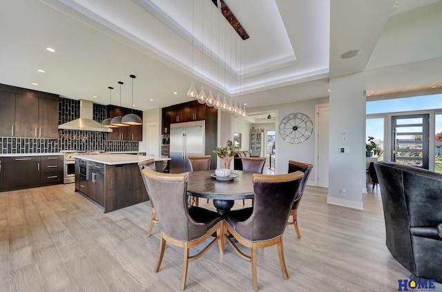 dining room with light hardwood / wood-style flooring and a raised ceiling