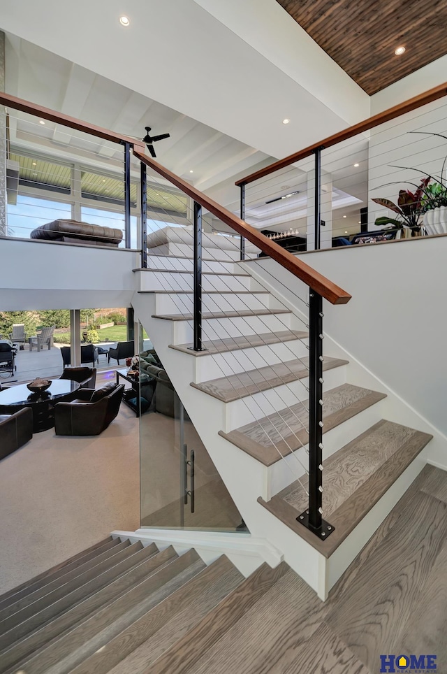 staircase featuring carpet flooring