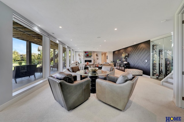 living room with light colored carpet