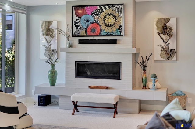 living room with a large fireplace