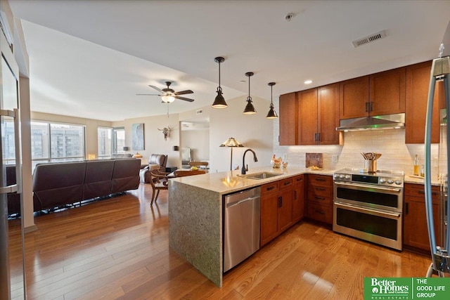 kitchen with light wood-type flooring, stainless steel appliances, kitchen peninsula, and sink