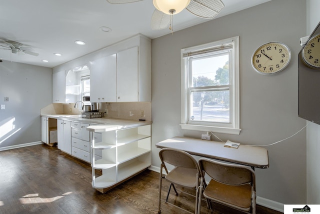 kitchen with white cabinets, tasteful backsplash, ceiling fan, dark wood-type flooring, and sink