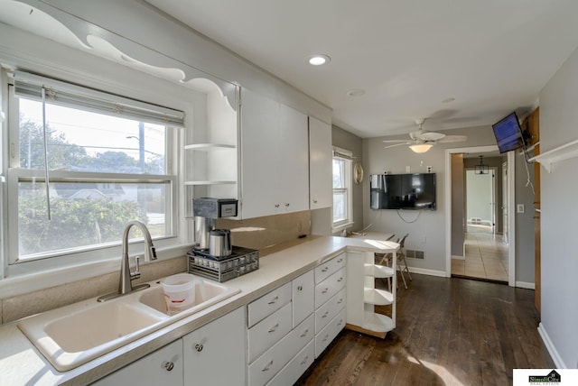 kitchen with white cabinets, a wealth of natural light, sink, and dark hardwood / wood-style flooring