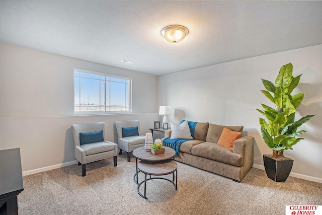 living room with a textured ceiling and carpet flooring