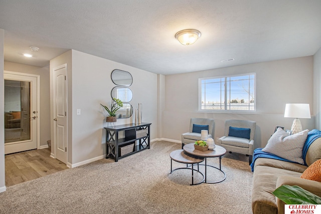 living room featuring light hardwood / wood-style flooring and a textured ceiling