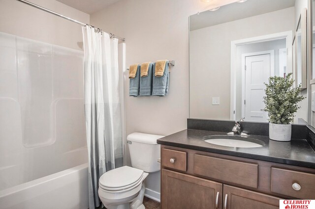 full bathroom with toilet, vanity, and shower / bathtub combination with curtain