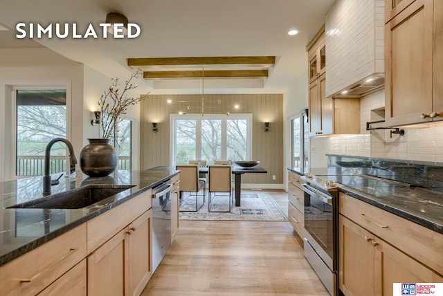 kitchen with beamed ceiling, light hardwood / wood-style flooring, hanging light fixtures, stainless steel appliances, and a wealth of natural light