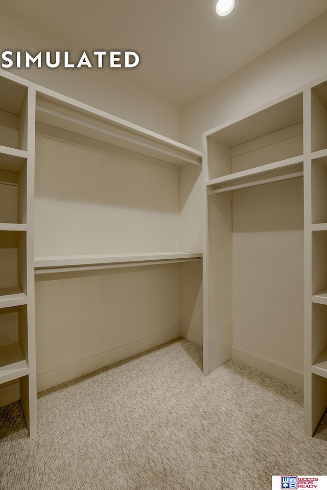 walk in closet with light carpet