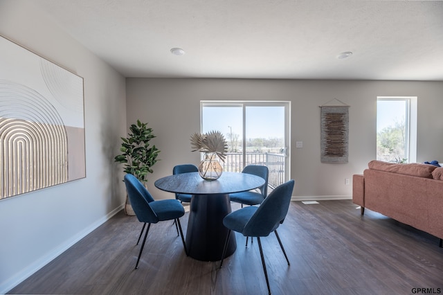 dining area with baseboards, a wealth of natural light, and dark wood-type flooring