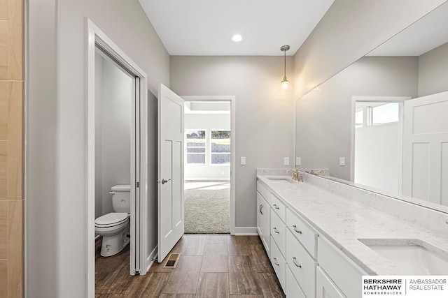 bathroom featuring toilet, a healthy amount of sunlight, hardwood / wood-style flooring, and vanity