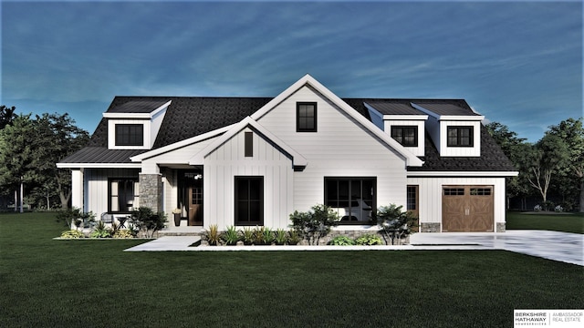 modern farmhouse with covered porch, a front lawn, board and batten siding, and concrete driveway