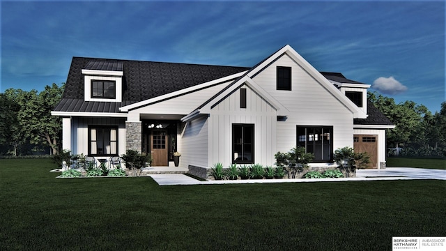 modern farmhouse featuring roof with shingles, covered porch, an attached garage, board and batten siding, and a front lawn