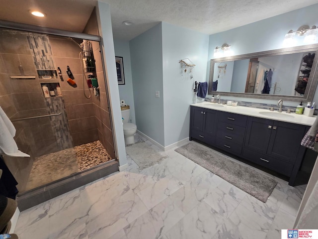 bathroom featuring vanity, an enclosed shower, a textured ceiling, and toilet