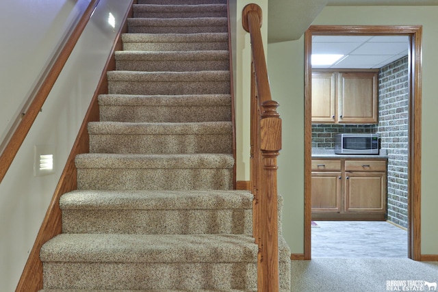 stairs featuring a drop ceiling and carpet