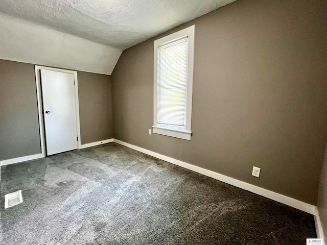 additional living space with carpet floors, a textured ceiling, and vaulted ceiling