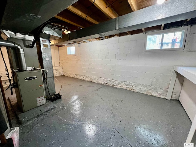 basement featuring heating unit and a wealth of natural light