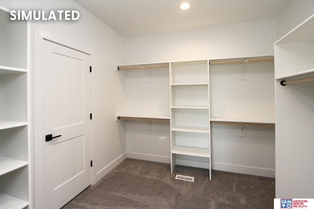 spacious closet with dark colored carpet