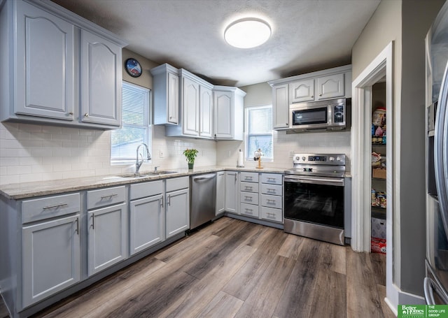 kitchen with a healthy amount of sunlight, stainless steel appliances, sink, and dark hardwood / wood-style floors