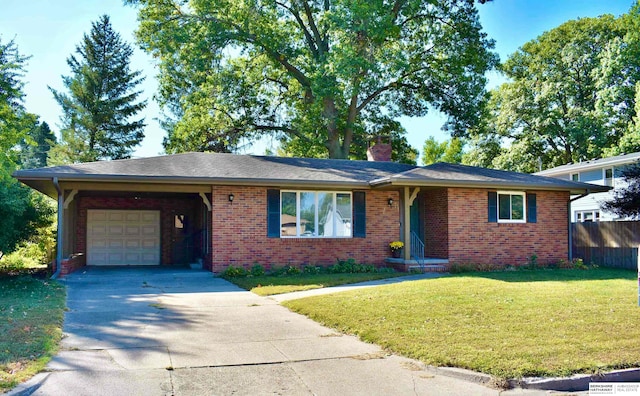 ranch-style house with a front yard and a garage